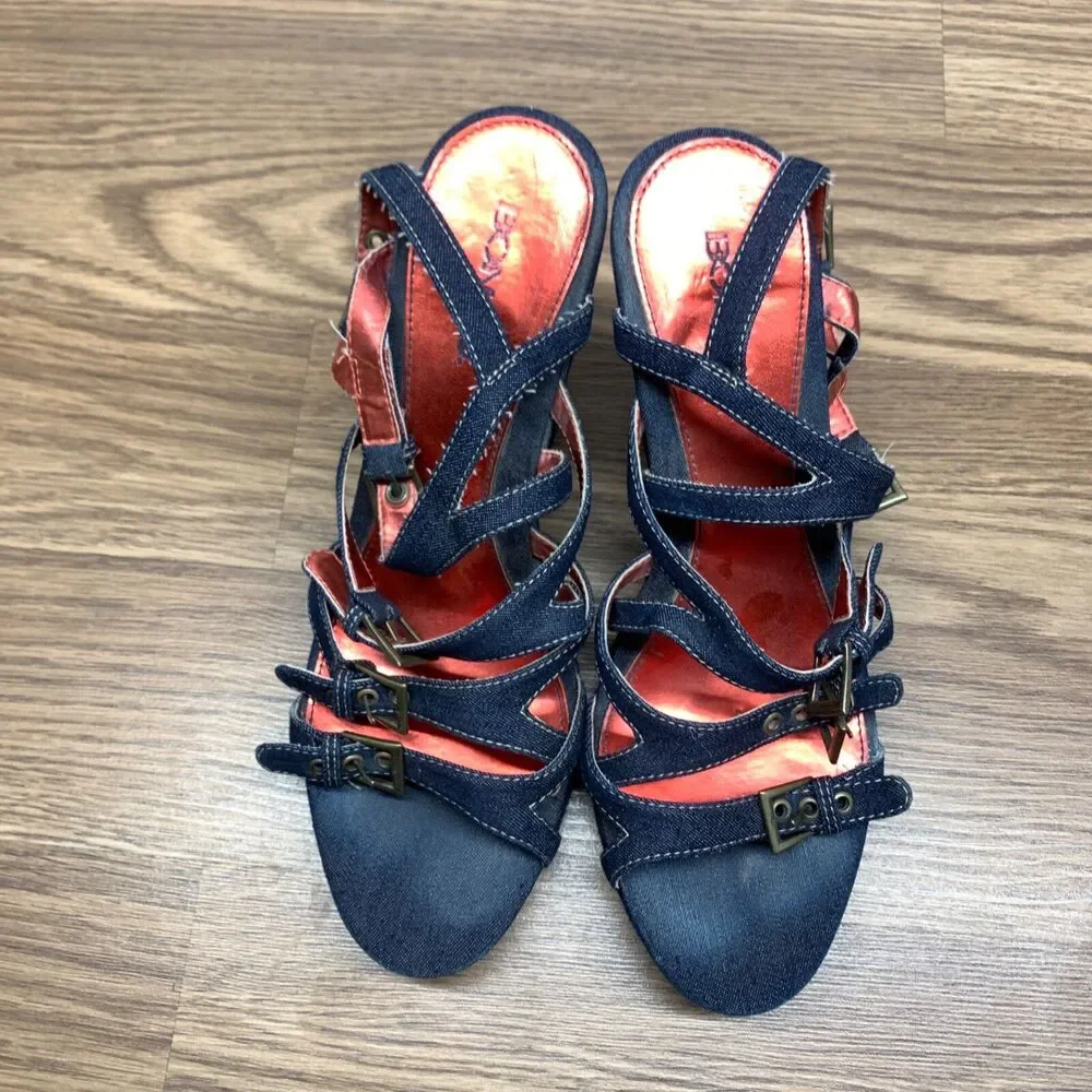 Women's Bongo Y2K‎ Playtime 7M Denim Platform Strappy Wedge Sandals Pre-owned